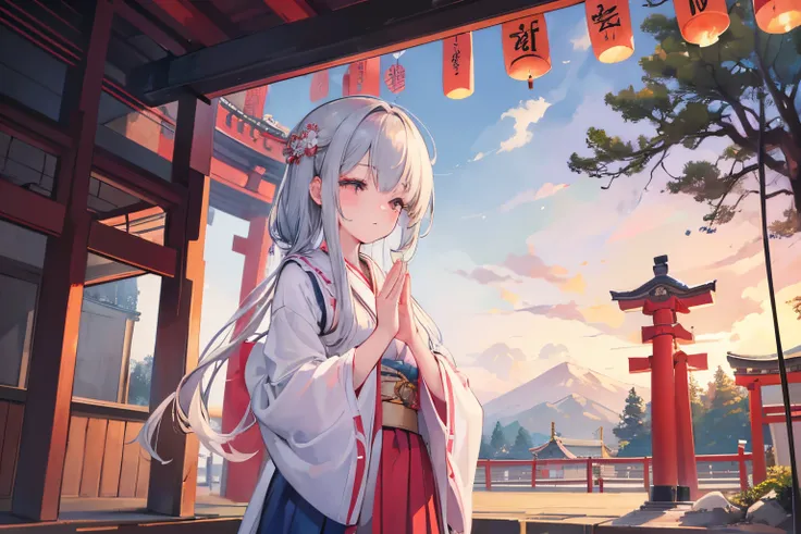 Creating an illustration of a girl making her first shrine visit (hatsumode) at a Shinto shrine. The girl has her eyes closed and hands clasped in prayer, aiming for an overall fantastical and nostalgic atmosphere with intricate details. The goal is to pro...