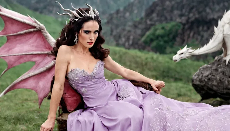 Queen of the White Dragon, mulher madura jovem, "Jennifer Connelly", Orelhas longas de elfos, elegant lilac Ruby dress, mama grande, Curvy, dragon ling vawy hair, Cabelos Super Longos, soft facial features, White dragon horns on his head, Mulher majestosa,...