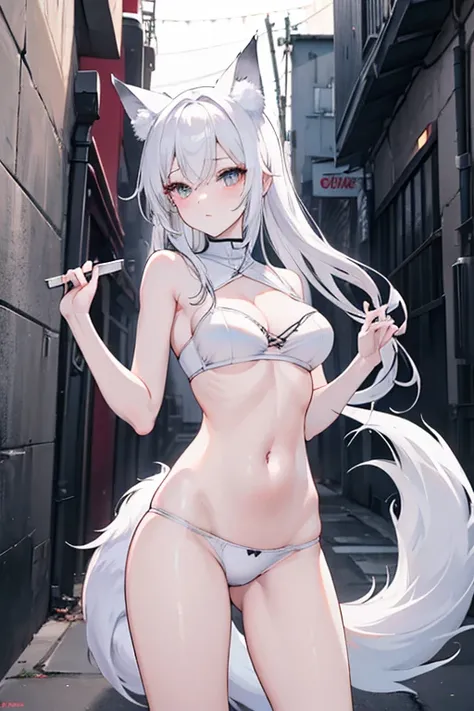 1girl, white bra, white panties, pale, medium black hair, medium breasts, city, alley, alleyway, absurdres, high res, ultrasharp, 8K, masterpiece, dark grey eyes, white fox tail, white fox ears,