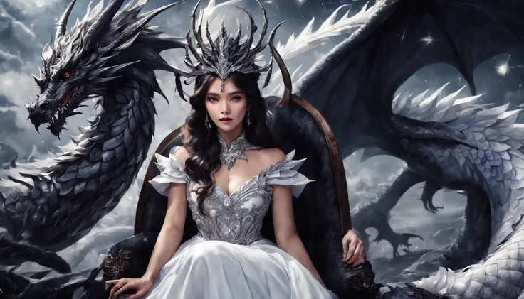 Queen of the White Dragon, mulher madura jovem, "Liza Soberano ", orelhas longas de elfos, vestido preto elegante, mama grande, Curvy, dragon ling vawy hair, Cabelos Super Longos, soft facial features, White dragon horns on his head, mulher majestosa, silv...
