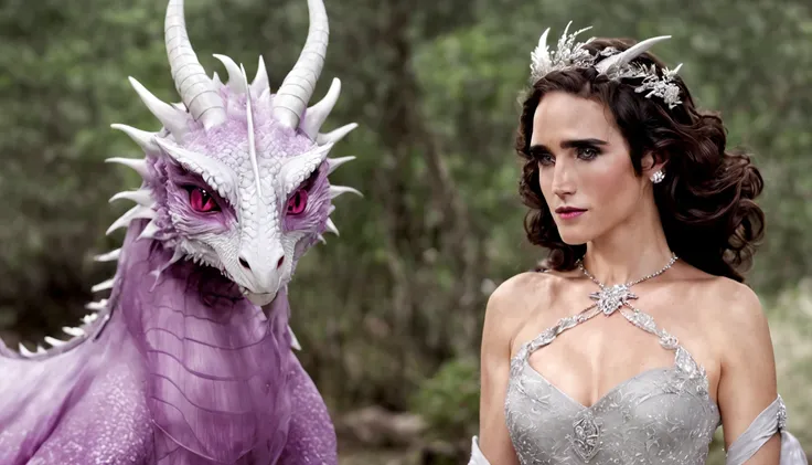 Queen of the White Dragon, mulher madura jovem, "Jennifer Connelly", Orelhas longas de elfos, elegant lilac Ruby dress, mama grande, Curvy, dragon ling vawy hair, Cabelos Super Longos, soft facial features, White dragon horns on his head, Mulher majestosa,...