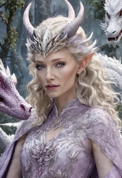 Queen of the White Dragon, mulher madura jovem, "Galadriel, Cate Blanchett", Orelhas longas de elfos, elegant lilac Ruby dress, mama grande, Curvy, dragon ling vawy hair, Cabelos Super Longos, soft facial features, White dragon horns on his head, Mulher ma...