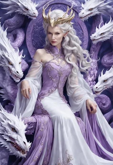 Queen of the White Dragon, mulher madura jovem, "Galadriel, Cate Blanchett", Orelhas longas de elfos, elegant lilac Ruby dress, mama grande, Curvy, dragon ling vawy hair, Cabelos Super Longos, soft facial features, White dragon horns on his head, Mulher ma...