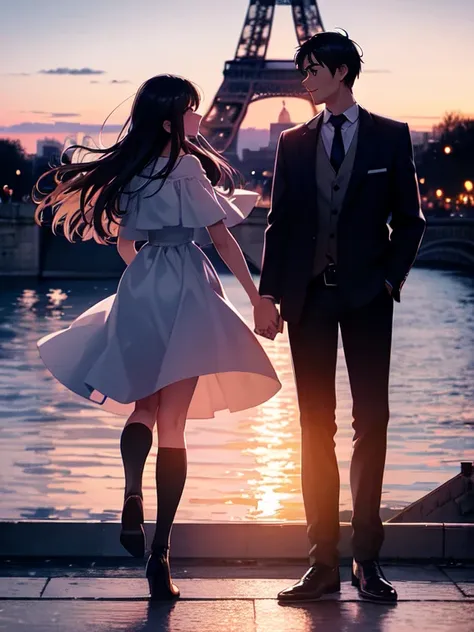 A couple stands in front of the Eiffel Tower at dusk, capturing a memorable moment. They hold a vibrant postcard featuring Parisian landmarks,(post card):1.3, The setting sun casts a soft, rosy hue over the scene, enhancing the towers majestic silhouette. ...