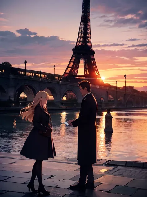 A couple stands in front of the Eiffel Tower at dusk, capturing a memorable moment. They hold a vibrant postcard featuring Parisian landmarks,(post card):1.3, The setting sun casts a soft, rosy hue over the scene, enhancing the towers majestic silhouette. ...