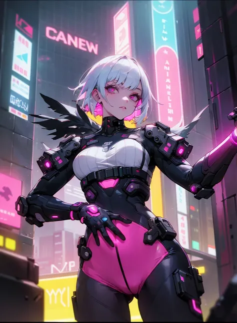 no sleeve swimsuit, holding cyberpunk gun