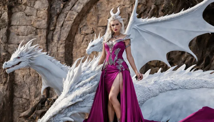 queen of the white dragon, mulher madura jovem, "ema stones", orelhas longas de elfos, vestido magenta elegante, mama grande, cu...