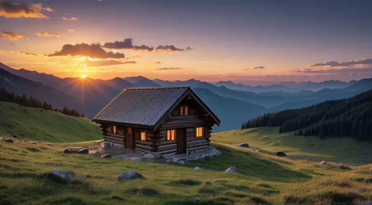 Mountain hut, sunset, grassland