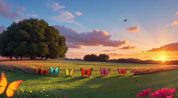 Butterflies a vibrant parade through a meadow at sunset,