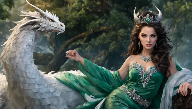 queen of the white dragon, mulher madura jovem, "ema stones", orelhas longas de elfos, vestido esmeralda elegante, mama grande, ...