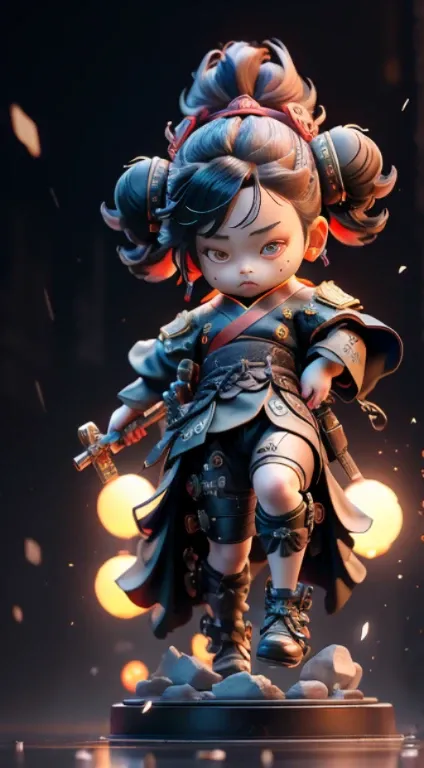 Blind box style，Epic CG masterpiece, cyberpunk style Chinese girl, stunningly beautiful, holding a samurai sword, crouching on the ground with legs spread apart, tech and chinoiserie clothes, graphic tension, dynamic poses, stunning colors, 3D rendering, s...