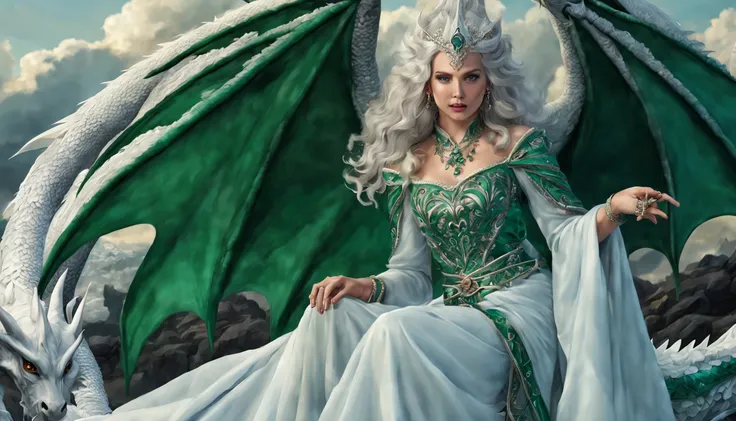 queen of the white dragon, mulher madura jovem, "ema stones", orelhas longas de elfos, vestido esmeralda elegante, mama grande, ...