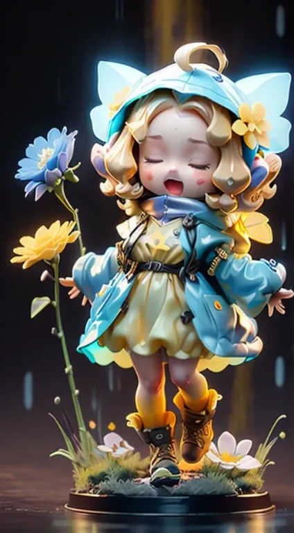 Blind box style，(raincoat, pop style, glowing, Ears, 1 girl, full body, fairy, yellow flower, brown hair, open mouth, closed eyes, blonde hair, blue flower, masterpiece, best quality