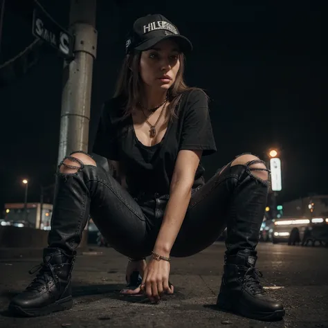 "(35-year-old Caucasian female in high quality and resolution, detailed face, full body) wearing an ultra-realistic streetwear:1.2 with a plain black shirt and a black trucker cap, black jeans with rips at knees, black boots, chain with cross pendant. Surr...