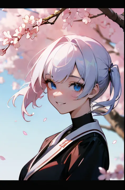 (masterpiece), best quality, perfect face, Houshou Marine, looking at viewer, suprised expression, white hair, expressive pale blue eyes:0.7, (depth perception:0.7, subject foculack background, cherry blossoms in the wind), ((torso:0.7)), 8k, (highres), ((...