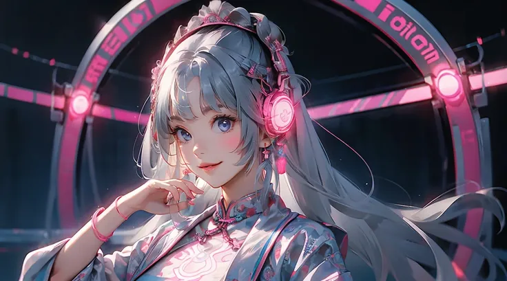 1 girl, Chinese_clothes, liquid silver and pink, cyberhanfu, cheongsam, cyberpunk city, dynamic pose, glowing headphones, glowing hair accessories, long hair, glowing earrings, glowing necklace, cyberpunk, high-tech city, full of mechanical and futuristic ...