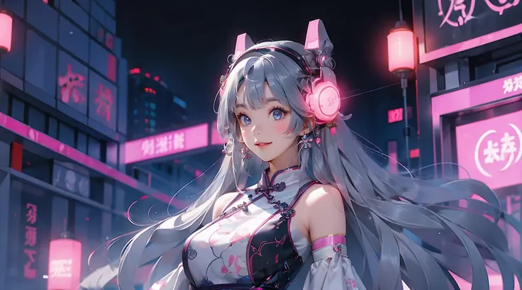 1 girl, Chinese_clothes, liquid silver and pink, cyberhanfu, cheongsam, cyberpunk city, dynamic pose, glowing headphones, glowing hair accessories, long hair, glowing earrings, glowing necklace, cyberpunk, high-tech city, full of mechanical and futuristic ...