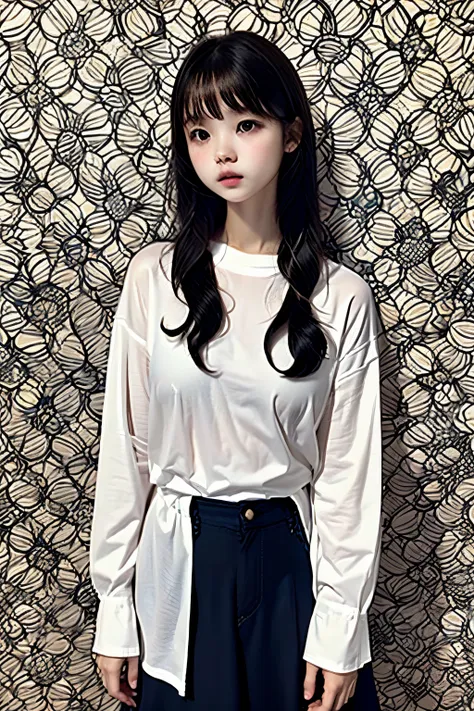 complex geometric pattern background、dark color、18year old、Cute little girl s、a short bob、Looking away、white baggyＴThe shirt、printed shirt、loose-fitting clothes、Retro、top-quality、ultra-detailliert、High quality detailing