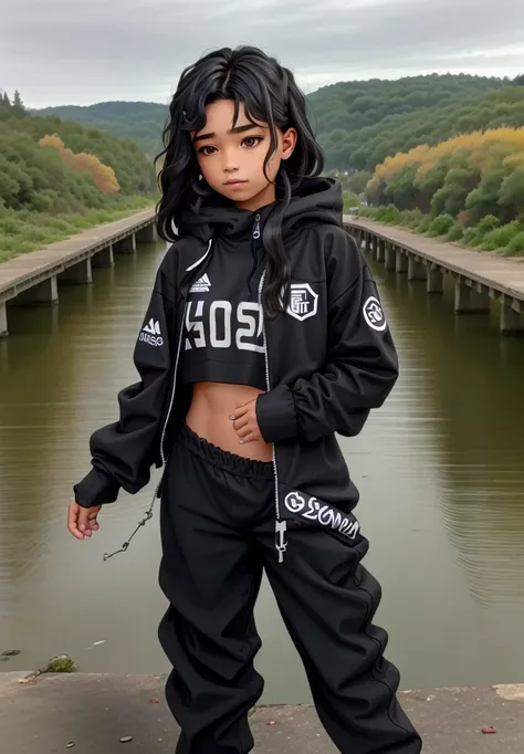 14-year-old girl,stop on a bridge with a river in the background, ropa de senderismo, negro, photograph of a techwear woman, rop...