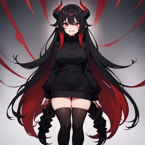 1girl, tall, long black wavy hair, red eyes, black sweater, large breasts, large thighs, long black socks, black shorts, long fangs, black background with glitches, standing, evil smile, red horns