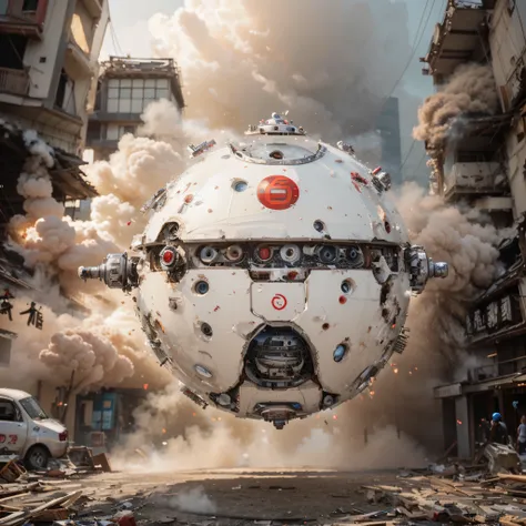 Small white spherical levitating robot with red details., It has a Japanese symbol painted on it, tiene lente y sensores, It is in a completely destroyed modern Asian city., Fuego, Explosiones, humo, 4k, Imagen ultra detallada, realista, Altamente detallad...