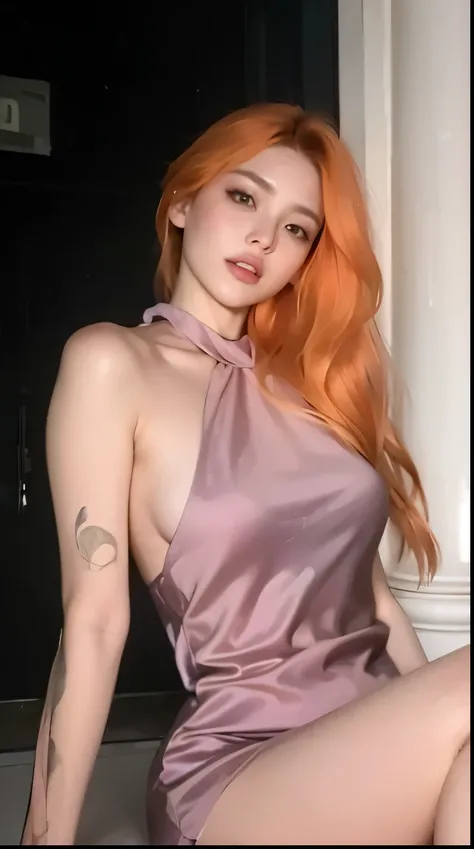 mulher arafa com um vestido roxo sentada em um degrau, inspirado em Yanjun Cheng, ela tem cabelos longos e redorange, Ellie Bamber Fada, ela tem cabelos ruivos, inspirado em Russell Dongjun Lu, pintura digital sensual, arte digital. @mariomaniacdude, pale ...