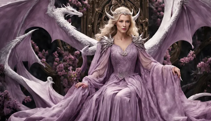 Queen of the White Dragon, mulher madura jovem, "Galadriel, Cate Blanchett", Orelhas longas de elfos, elegant lilac Ruby dress, mama grande, Curvy, dragon ling vawy hair, Cabelos Super Longos, soft facial features, White dragon horns on his head, Mulher ma...