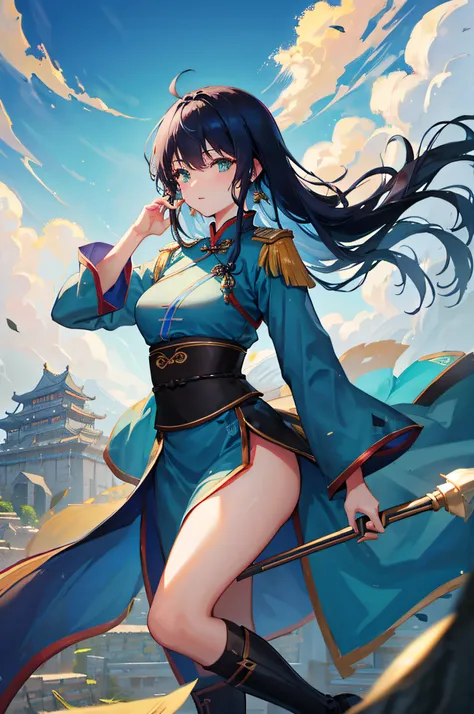 4K,hight resolution,One Woman,Dark blue hair,Longhaire,Green eyes,ancient chinese military commander,blue ancient chinese armor,spear,ancient chinese castle town