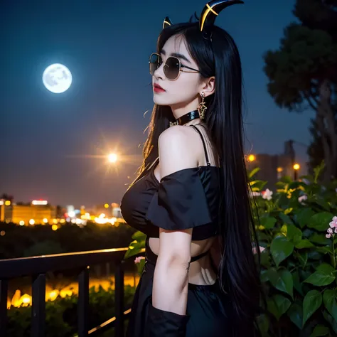 sunglasses, 1 girl with jesus, black dress bikini, halo, demon horns, standing on the garden, choker, midget, super villain, stand, look from back, cross necklace, earrings, jewellery, jesus, jesus christ, cross tatto, sunglasses, evening with moon in the ...