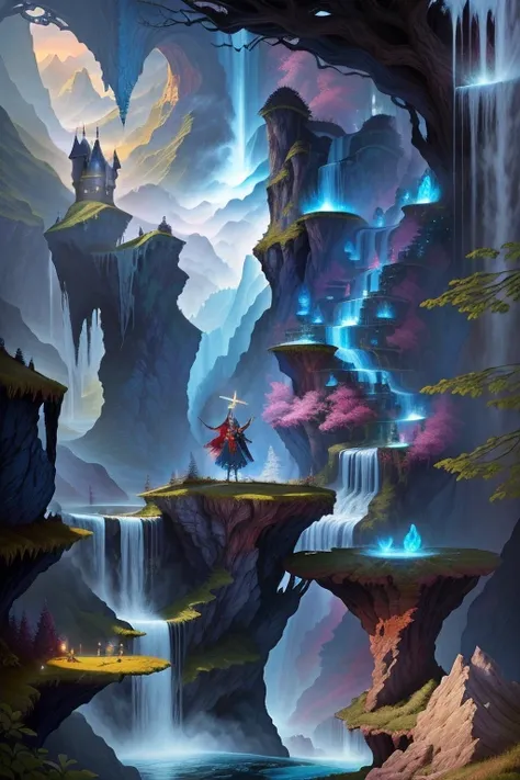 a painting of a waterfall with a waterfall in the middle, Detaillierte digitale Fantasy-Kunst, Magic Fantasy hochdetailliert, Hochdetaillierte Fantasy-Kunst, Beautiful, detaillierte Fantasie, Magische Umgebung, Magischer Hintergrund, Zauberhafte Landschaft...