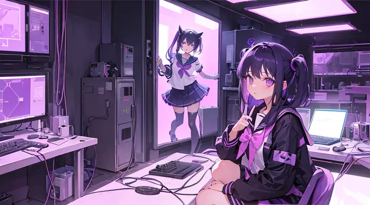 (2 girls, black hair, purple eyes, sailor suit, headset, operating, kawaii), (purple cyberpunk, room with big monitors, purple neon)