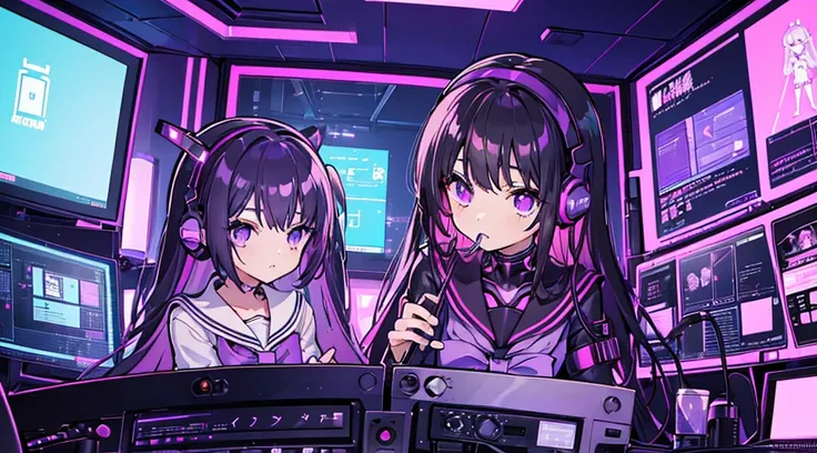 (2 girls, black hair, purple eyes, sailor suit, headset, operating, kawaii), (purple cyberpunk, room with big monitors, purple neon)