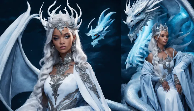 Queen of the White Dragon, mulher madura jovem, "rihanna", orelhas longas de elfos, vestido preto celeste elegante, mama grande, Curvy, dragon ling vawy hair, Cabelos Super Longos, soft facial features, White dragon horns on his head, mulher majestosa, sil...