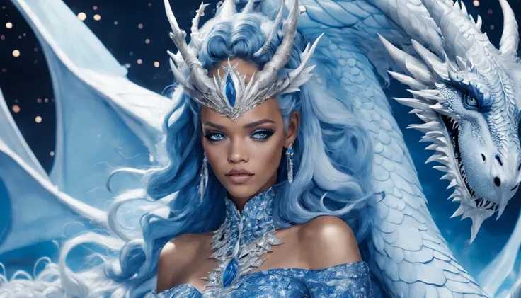 Queen of the White Dragon, mulher madura jovem, "rihanna", orelhas longas de elfos, vestido azul celeste elegante, mama grande, Curvy, dragon ling vawy hair, Cabelos Super Longos, soft facial features, White dragon horns on his head, mulher majestosa, silv...