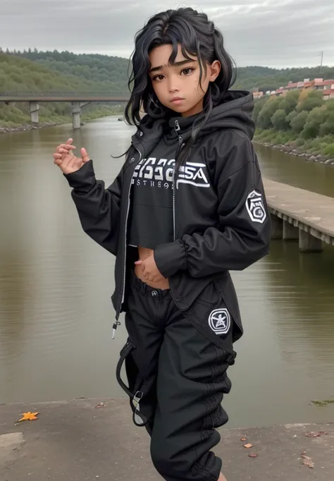 14-year-old girl,stop on a bridge with a river in the background, ropa de senderismo, negro, photograph of a techwear woman, rop...