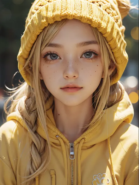 Blonder Girl wearing yellow beanie and yellow hoodie, freckles: 0.8, closeup:0.8, sunglasses