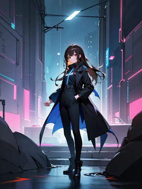 8K picture quality、Top resolution、The highest image quality、One Woman、full body Esbian、is standing、Inside the city、Black long coat、Black Skinny、Black shoes、blue neon on clothes、Brown hair、long、Looking at the camera、Overall blue neon atmosphere