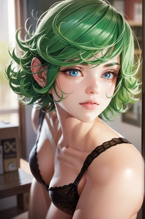 tatsumaki, tatsumaki, (large breasts:1.2), large ass, bra, panties, black bra, black panties, , BREAK indoors, office, BREAK looking at viewer, BREAK (masterpiece:1.2), best quality, high resolution, unity 8k wallpaper, (illustration:0.8), (beautiful detai...