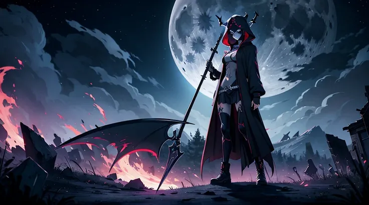 A female image of death (((Grim Reaper))), [[[pointing her finger to the viewer]]], full body image, wearing a dark hooded cloak, holding a scythe with her other hand, full moon on the background, [[high quality]], 4k, high quality image, unreal engine, ci...