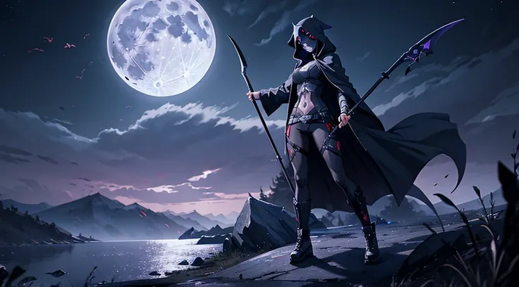 A female image of death (((Grim Reaper))), [[[pointing her finger to the viewer]]], full body image, wearing a dark hooded cloak, holding a scythe with her other hand, full moon on the background, [[high quality]], 4k, high quality image, unreal engine, ci...