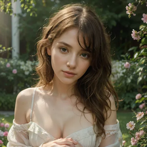 (best quality,4k,8k,highres,masterpiece:1.2),ultra-detailed,realistic,portrait,painting,soft colors,subtle lighting,pale skin,natural beauty,lush green garden,playful pose,curly hair,striking eyes,sensual lips,flowing dress,serene atmosphere,golden sunshin...