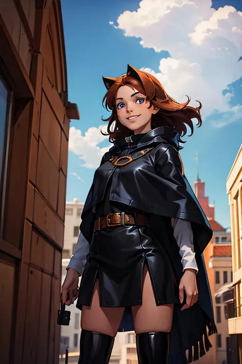 1 cat girl, 14 years old, smiling, with long auburn hair with long black leather poncho, no belt, blue eyes, with goggles on her head, on the top of a building, its windy outside