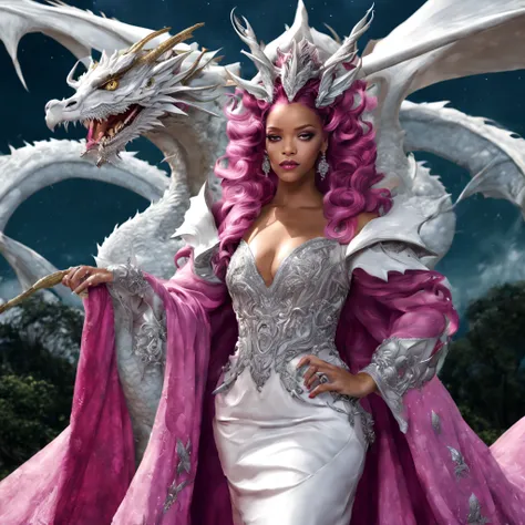 queen of the white dragon, mulher madura jovem, "rihanna", orelhas longas de elfos, vestido magenta elegante, mama grande, curvy...