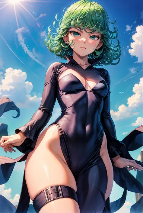 (masterpiece, best quality:1.2), cowboy shot, solo, 1girl, tatsumaki, lustful, closed mouth, looking at the viewer, ass, wide hips, black dress, blue sky, clouds, erotica