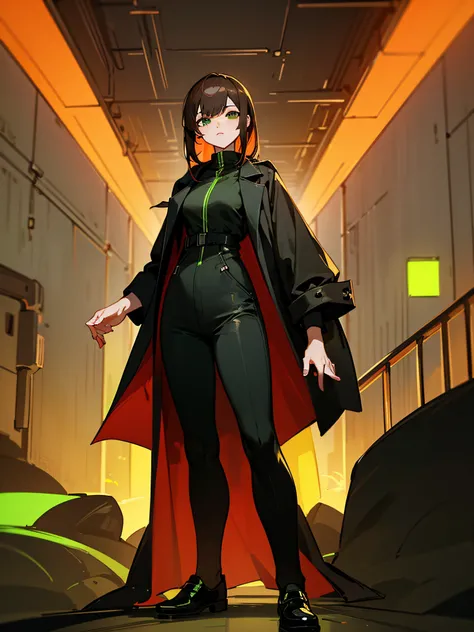 8K picture quality、Top resolution、The highest image quality、One Woman、Cool pose、is standing、Inside the city、Black long coat、Black Skinny、Black shoes、green neon on clothes、Brown hair、long、Looking at the camera、Overall green neon atmosphere