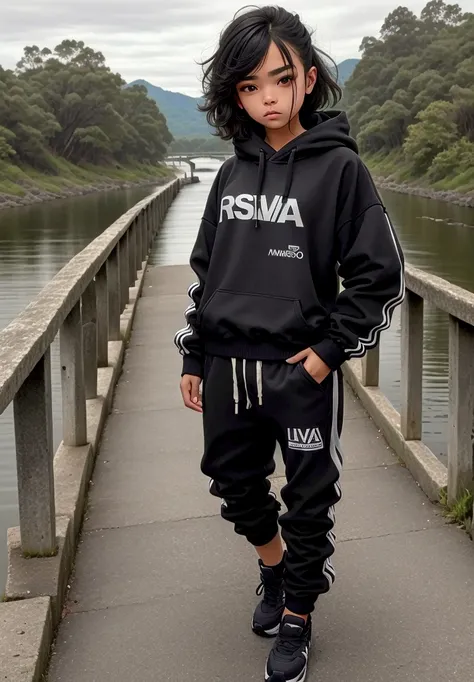 14-year-old girl,stop on a bridge with a river in the background, Ropa de senderismo, negro, photograph of a techwear woman, Ropa negra casual, con una sudadera con capucha negra, inspirado por Ion Andreescu, Ropa negra, Ropa deportiva, Ropa negra, wearing...