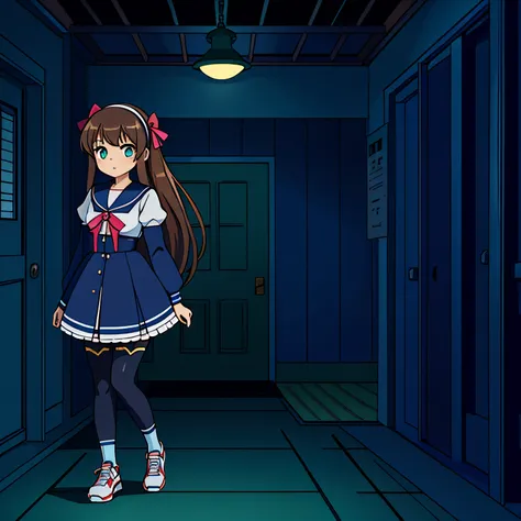 A cute 15 years old japaneese girl, drawn in anime style, futuristic, Y2K aesthetic, sci-fi, is scared, jade green eyes, long brown hair, ribbon headband, small breast, white and blue futuristic sailor lolita dress with puffy sleeves, school crest, red rib...