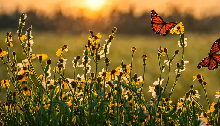 Butterflies a vibrant parade through a meadow at sunset,