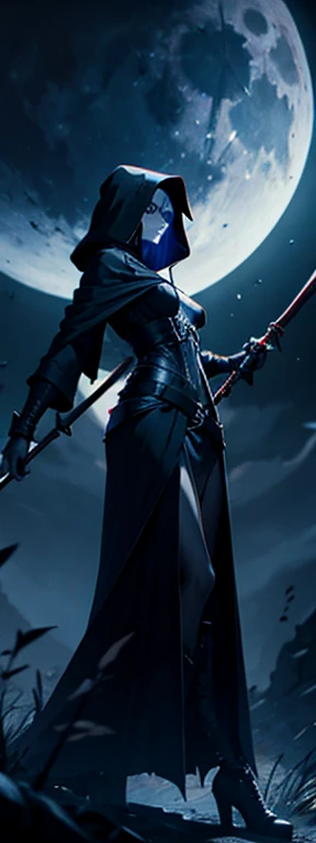 A female image of death [[Grim Reapece skull, [[[[pointing her finger to the viewer!!!]]]], full body image, wearing a dark hooded cloak, holding a Scythe with her other hand, full moon on the background, [[high quality]], 4k, high quality image, unreal en...