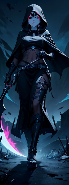 A female image of death Grim Reaper skull, pointing her finger to the viewer!! full body image, wearing a dark hooded cloak, holding a Scythe with her other hand, full moon on the background, [[high quality]], 4k, high quality image, unreal engine, cinemat...